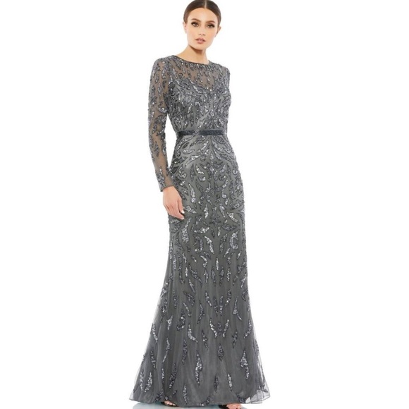 Mac Duggal Dresses & Skirts - Mac Duggal Beaded Long Sleeve Gown sz 4 Charcoal